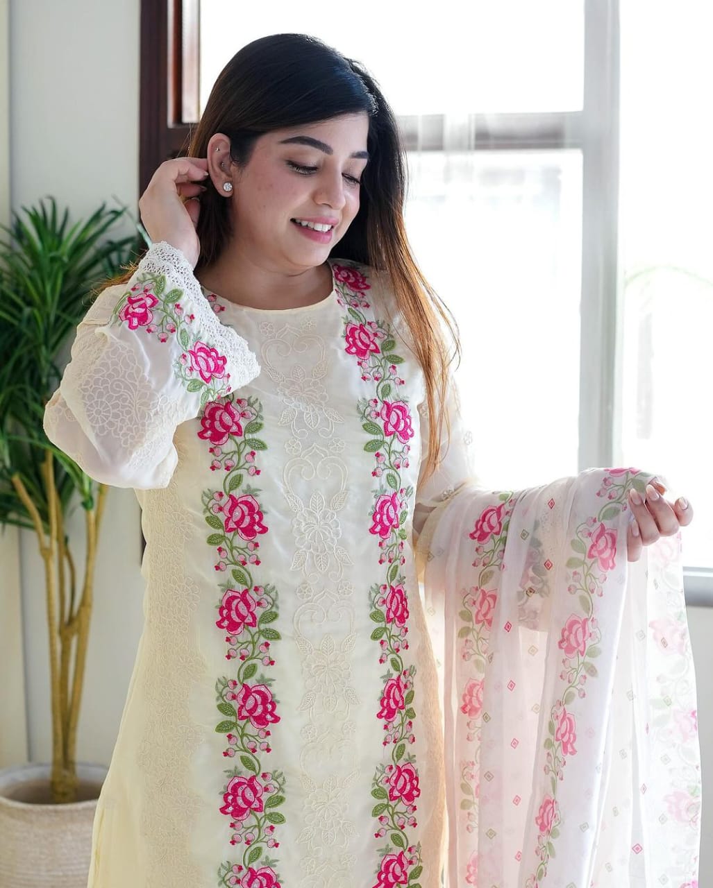 Women festival kurta with beautiful heavy emb siq work front & selves with crosiya lace. cotton pant with pom pom. & prosin print full malmal cotton dupatta.