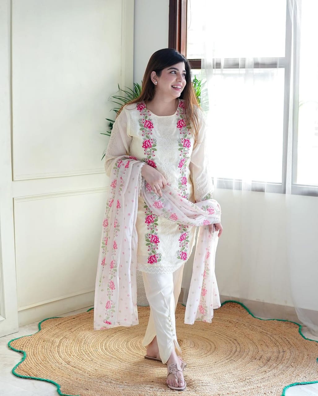 Women festival kurta with beautiful heavy emb siq work front & selves with crosiya lace. cotton pant with pom pom. & prosin print full malmal cotton dupatta.