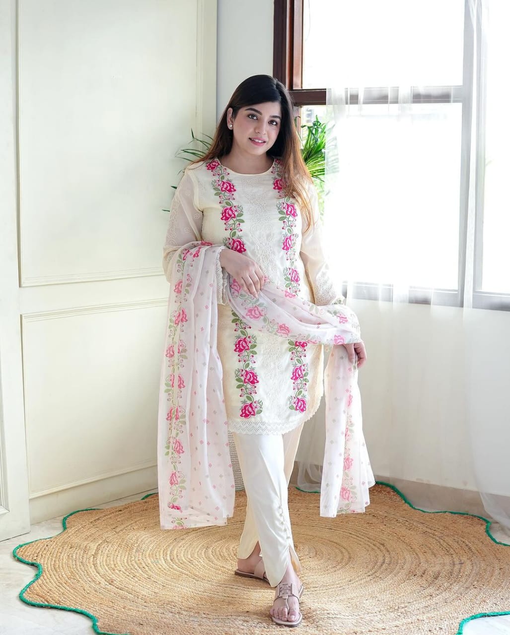 Women festival kurta with beautiful heavy emb siq work front & selves with crosiya lace. cotton pant with pom pom. & prosin print full malmal cotton dupatta.