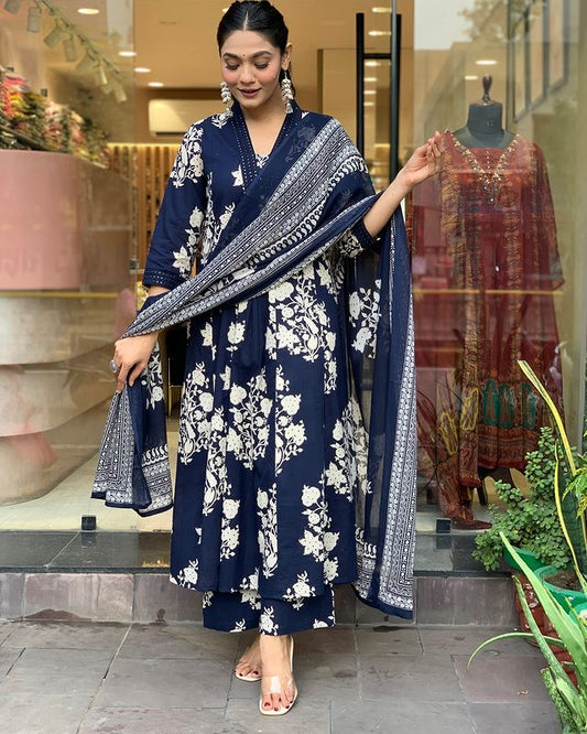 Printed Cotton Anarkali Kurti wtih Plazo and Mulmul Dupatta