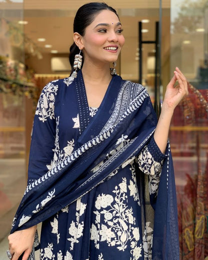 Printed Cotton Anarkali Kurti wtih Plazo and Mulmul Dupatta
