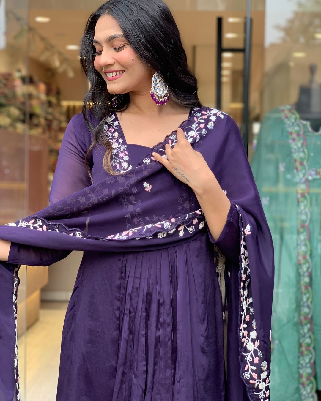Women Purple Cotton Kurta Pant and Mulmul Dupatta set