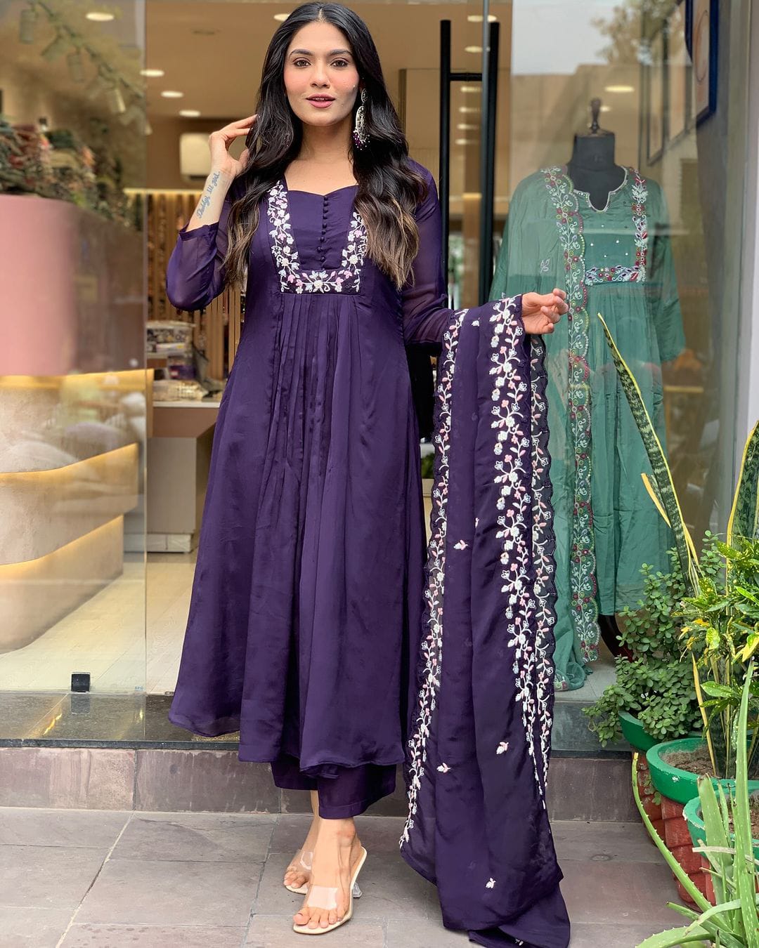 Women Purple Cotton Kurta Pant and Mulmul Dupatta set
