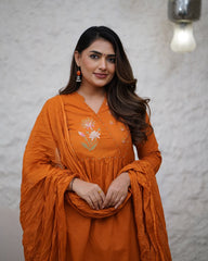 Women Orange Yoke Embroidery Cotton Kurta Pant set
