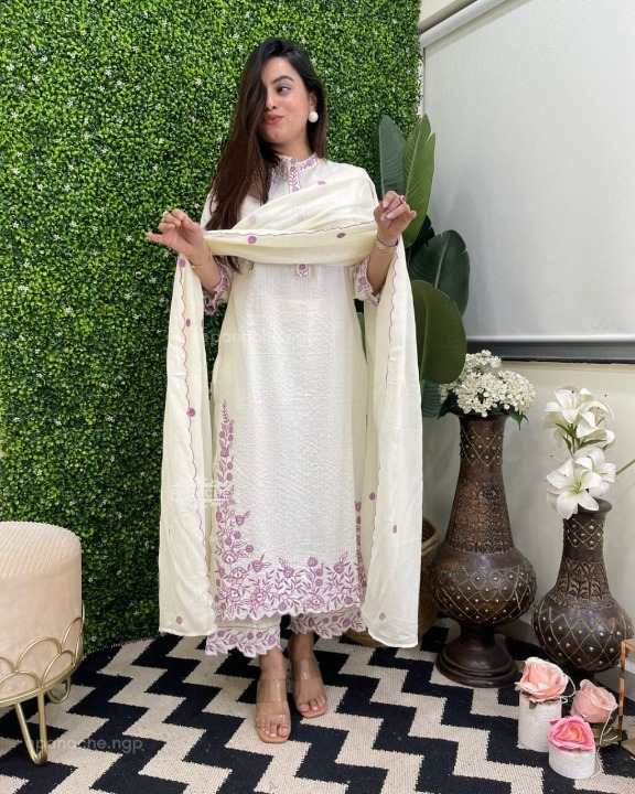 Sale Women Cotton White Supreme Kurta Pant and Mulmul Dupatta set