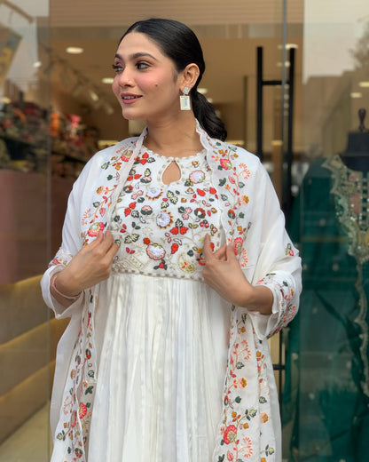Women White Cotton Embroidery Kurta Pant and Dupatta set