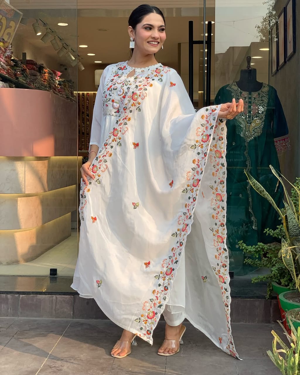 Women White Cotton Embroidery Kurta Pant and Dupatta set
