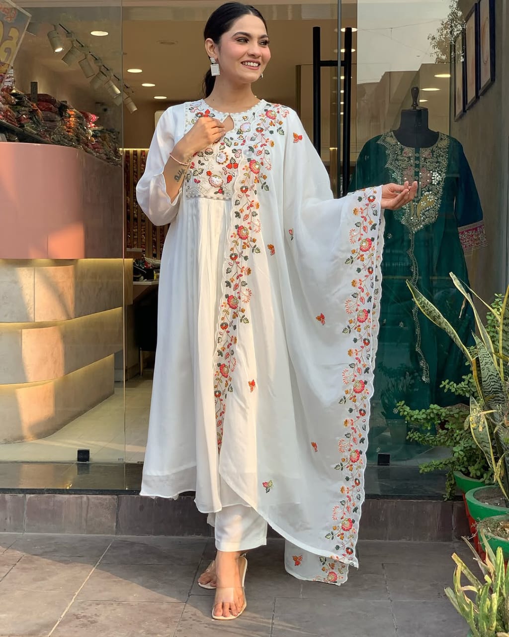 Women White Cotton Embroidery Kurta Pant and Dupatta set