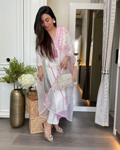 Women White Cotton Embroidery Kurta Pant and Organza Dupatta set