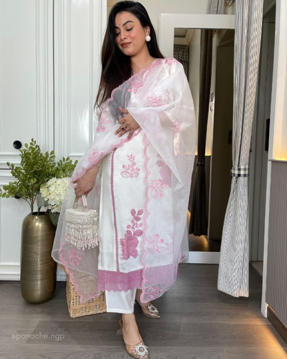 Women White Cotton Embroidery Kurta Pant and Organza Dupatta set