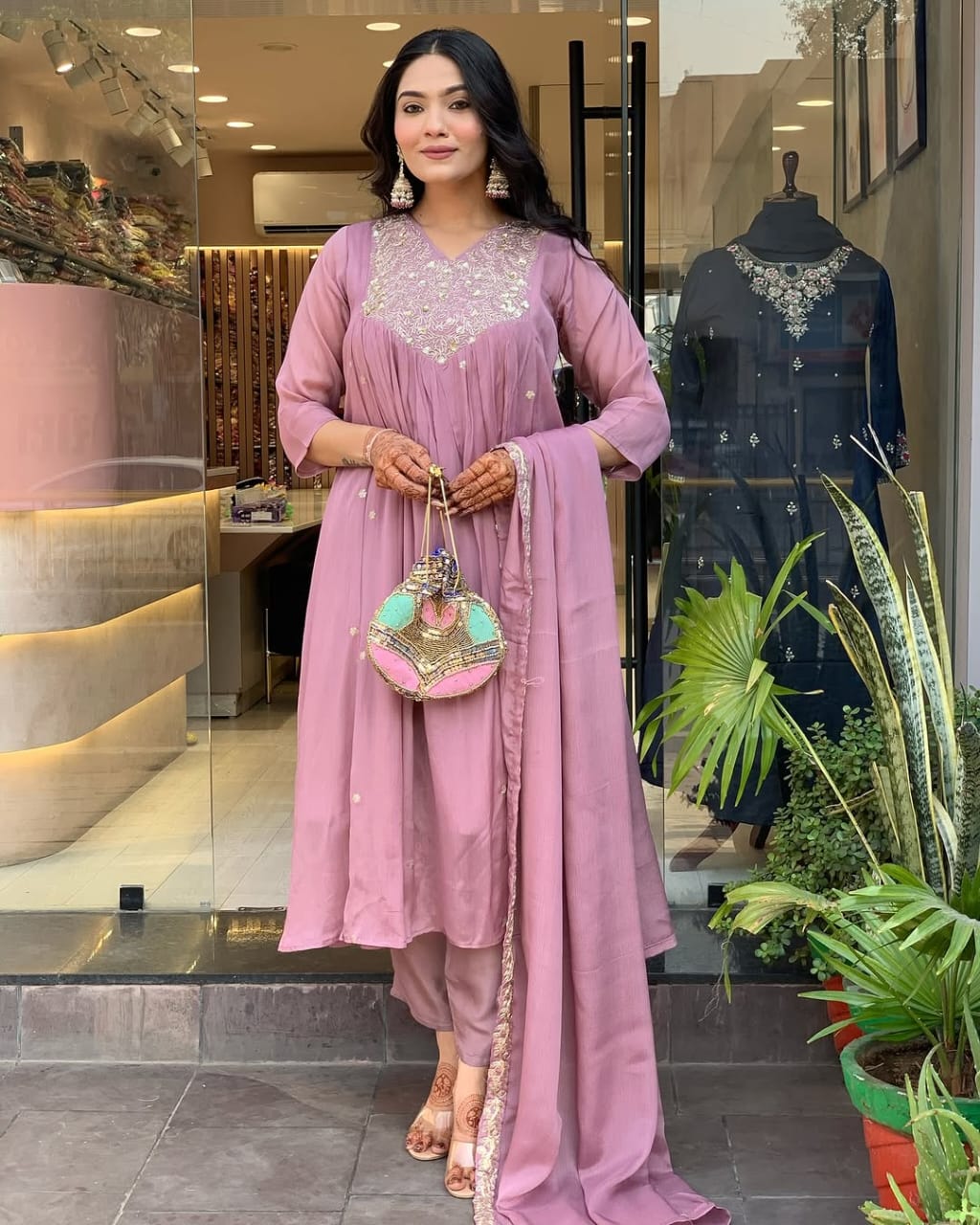 Women Light Purple Cotton Embroidery Kurta Pant and Mulmul Dupatta Set