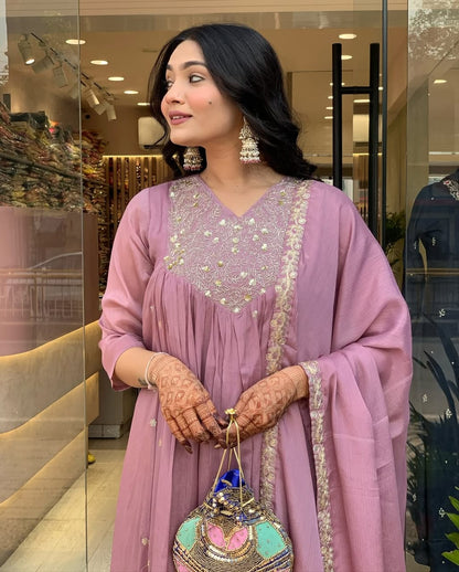 Women Light Purple Cotton Embroidery Kurta Pant and Mulmul Dupatta Set