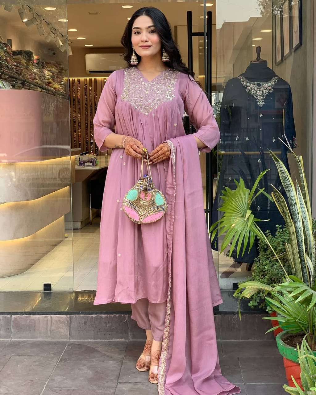 Women Light Purple Cotton Embroidery Kurta Pant and Mulmul Dupatta Set