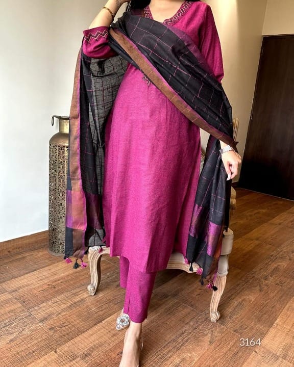 Women Plum South Handloom Cotton Kurta Pant and Dupatta set