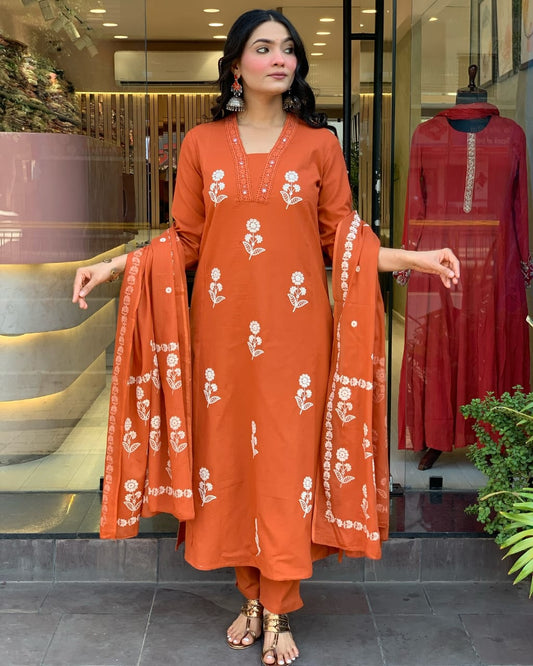 Beautiful Embroidered Cotton Kurta Pant With Dupatta