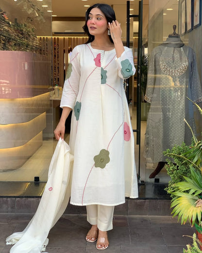 Women White Cotton Embroidery Floral Kurta Pant and Malmal Dupatta set