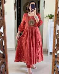 Women Rust Cotton Peacock Embroidery Kurta Pant and Mulmul Dupatta set