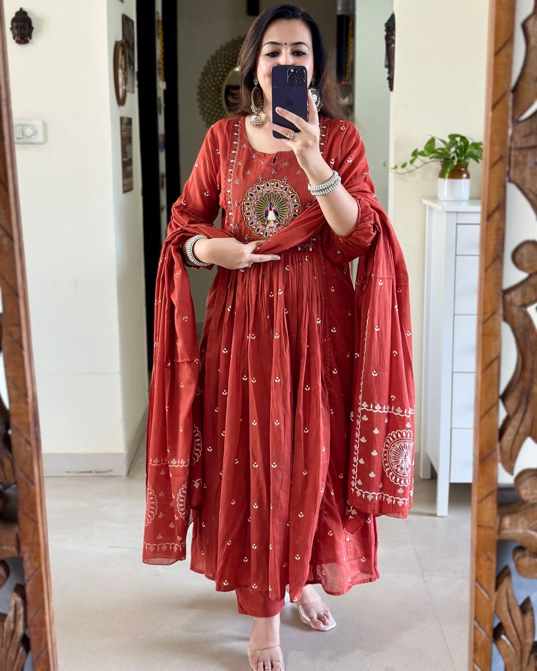 Women Rust Cotton Peacock Embroidery Kurta Pant and Mulmul Dupatta set