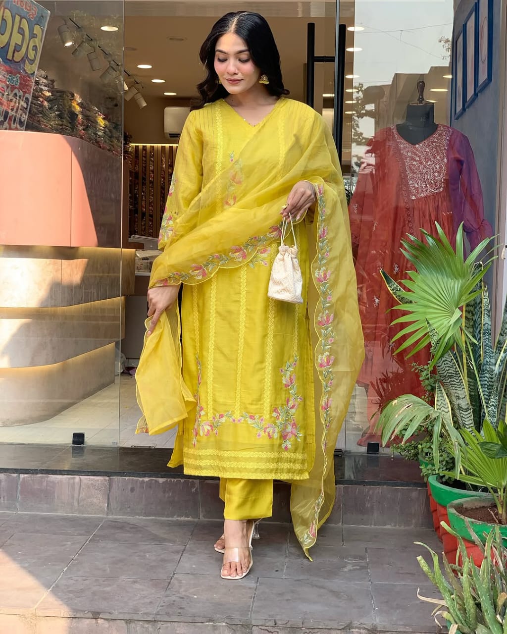 Women Yellow Chanderi Kurta Pant and Dupatta set