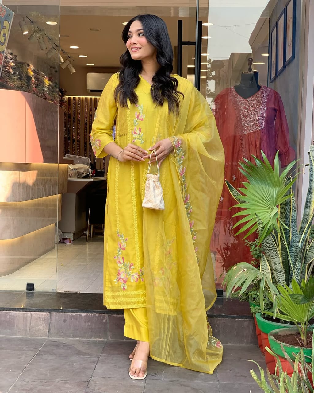 Women Yellow Chanderi Kurta Pant and Dupatta set