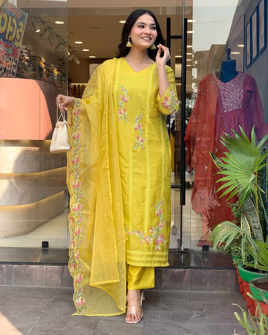 Women Yellow Chanderi Kurta Pant and Dupatta set