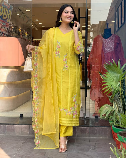 Women Yellow Chanderi Kurta Pant and Dupatta set