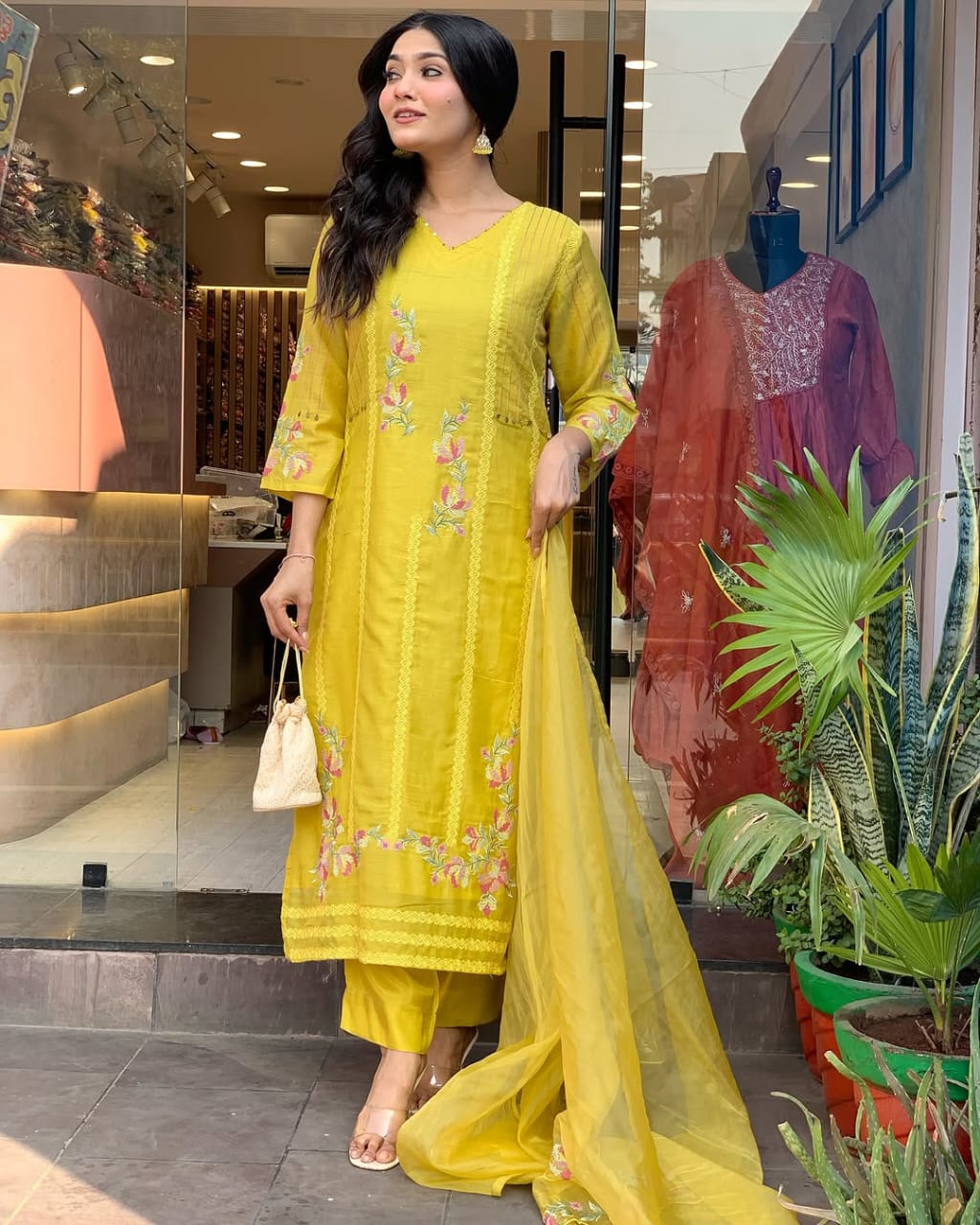Women Yellow Chanderi Kurta Pant and Dupatta set