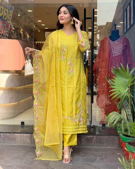 Women Yellow Chanderi Kurta Pant and Dupatta set