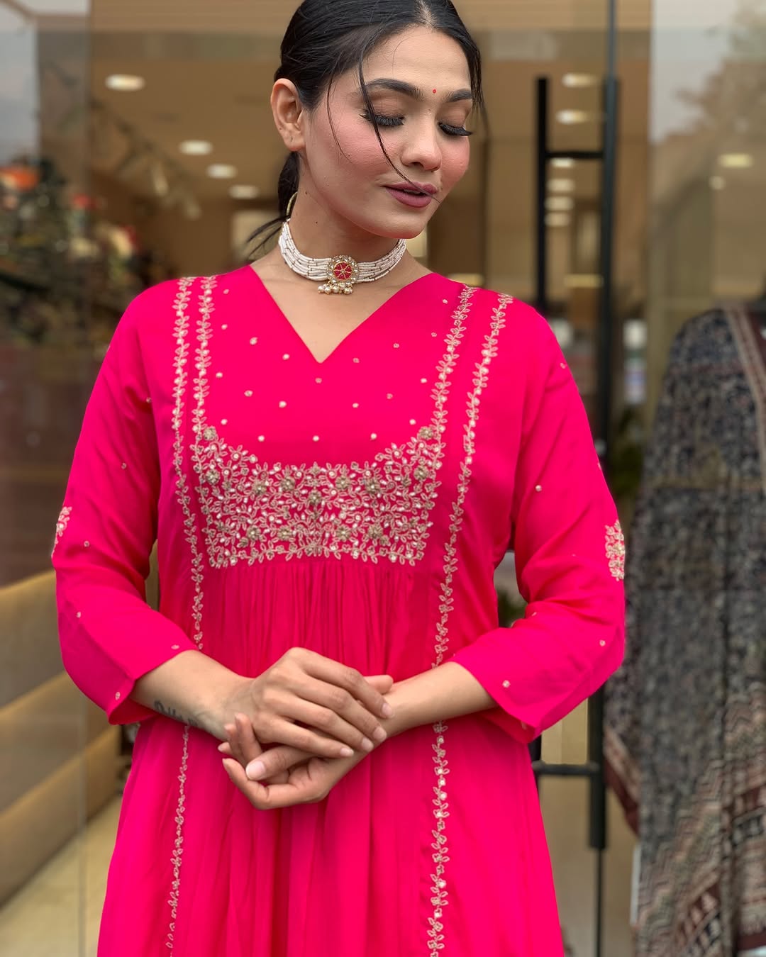 Pink Embroidered Kurti Pant Set with Malmal Dupatta set