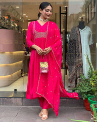Pink Embroidered Kurti Pant Set with Malmal Dupatta set