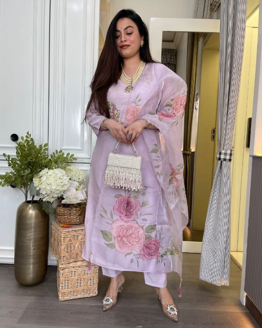 Women Lilac Cotton Kurta Pant and Dupatta set