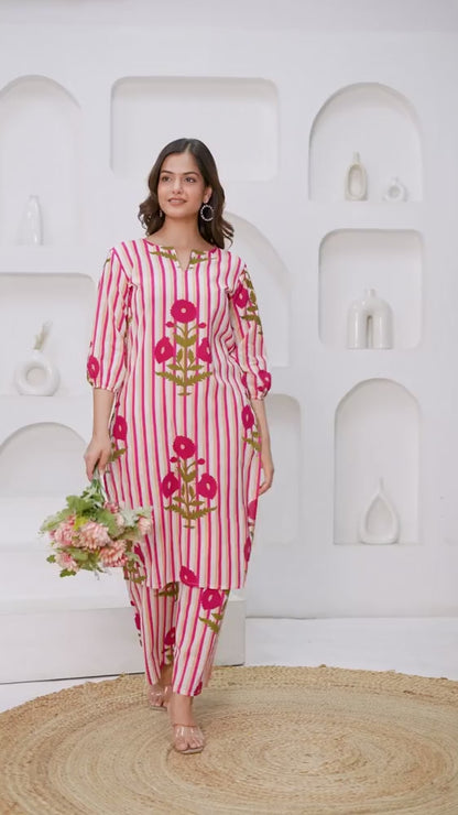 Pink Printed Cotton Kurta and Palazzo Set